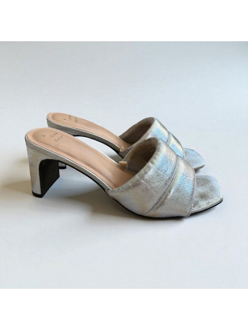 A NEW DAY Silver Metallic Padded Slide Sandals Heels Size 8